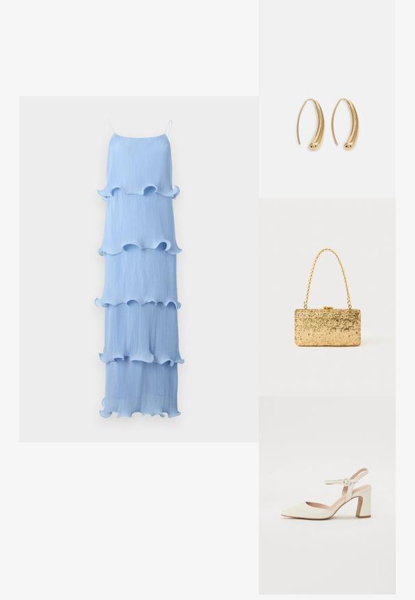 Copenhagen Muse KIRA - Maxikjole - forever blue; Spiss tå, kremfarget pumpe med blokkhel. Har en tynn ankelrem med en rund spenne og en glatt skinntekstur.; Gullfarget paljetter clutch med rektangulær form, utstyrt med en tvunnet kjedehåndtak og en metallspenne, som reflekterer lys med en teksturert overflate.; Gullfargede metalløredobber med en buet, forlenget form. Har en jevn, blank overflate og en avrundet tupp for ekstra detaljer.