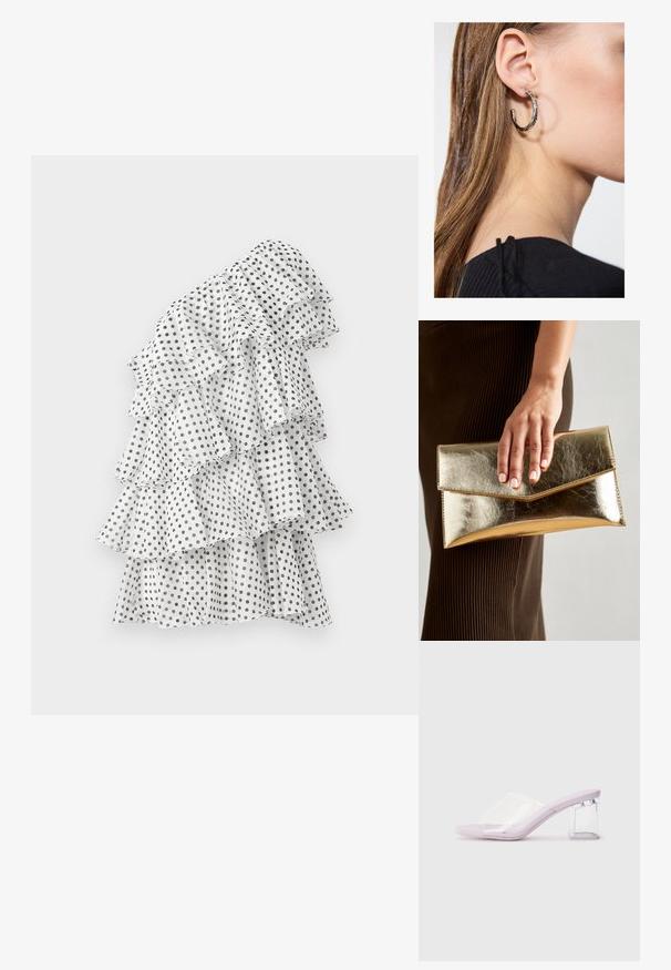 Vit klänning med svarta prickar, som har flera volanglager, asymmetrisk design och lättviktigt tyg.; Lila klackskor i mule-design med överdel i klart plast och en genomskinlig blockklack. Slät textur, öppen tå-design, minimaliskt form.; Gyllene metallisk kuvertväska med en slät yta, försedd med en triangulär flikstängning. Den hand som håller den har välvårdade naglar.; Silverörhänge med polerad yta, med små detaljer i guld och rund form, bärs på loben.