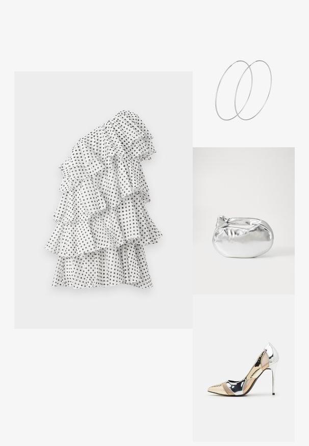 Biele šaty s čiernymi bodkami, s viacerými volánikovými vrstvami, asymetrickým dizajnom a ľahkým materiálom.; Lodičky s špičatou špičkou v striebornom, zlatom a telovom farebnom prevedení. Lesklý povrch s výrezovým dizajnom, s ihlovým opätkom.; Strieborná metalická taška s mäkkým, zaobleným tvarom a uzáverom s uzlíkom. Vyrobená z hladkej syntetickej kože.; Strieborné kruhové náušnice s minimalistickým dizajnom. Cirkulárny tvar, hladký povrch a tenký profil. Ľahké s lesklým povrchom.
