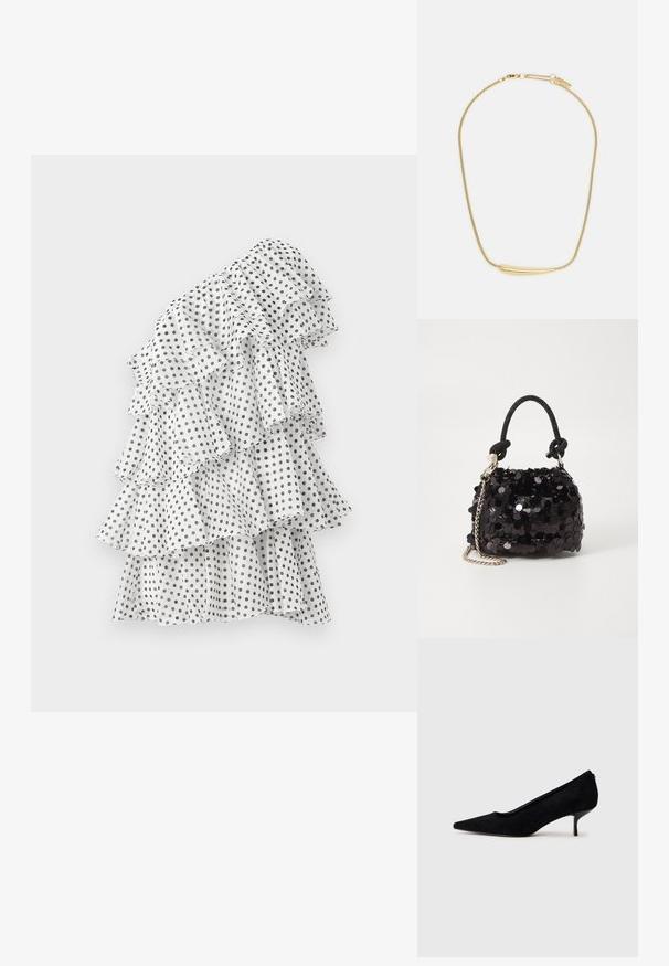 Valge kleit mustade laikudega, millel on mitmed volangiga kihid, asymmeetriline disain ja kerge kangas.; Must musta kõrge kontsaga king, millel on terav varvas ja õhuke, madal konts. Sile tekstuur ja sujuv disain, ilma nähtava riistvarata.; Must have mustrõngus mustal sädelev mini käekotil on sõlme tekstuuriga rihm ja hõbedane ketis. Ümar kuju, kokku kogutud ülaosa ja peegeldav detail.; Kuldsest metallist kaelakee sujuva, kumerda keskosa. Omab paindlikku ahelat, kus on ka homaariklamber ja täiendavad reguleeritavad ahela lingid.