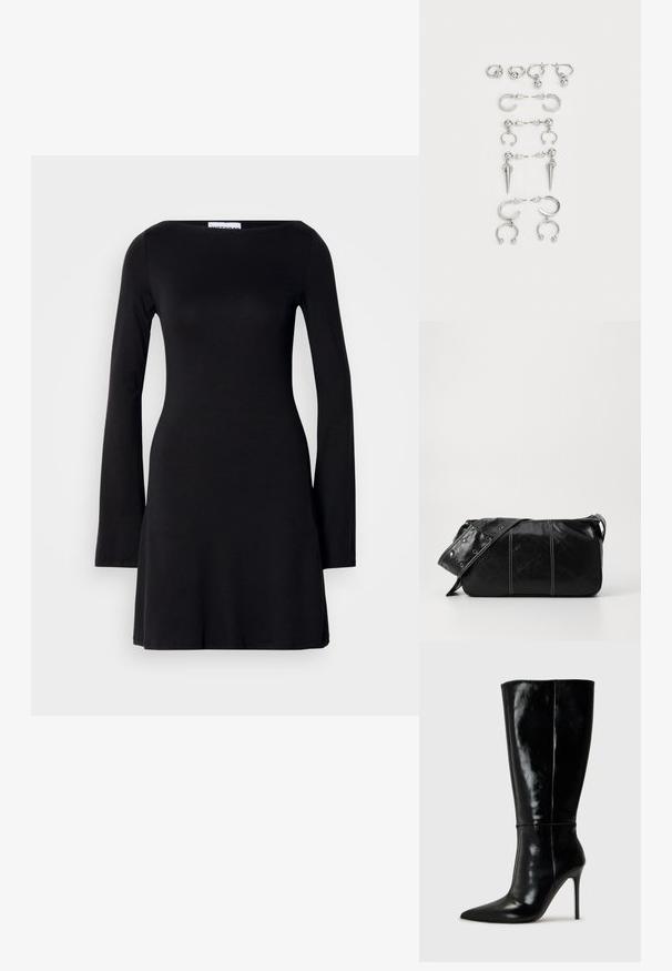 Vestuário longo preto com mangas compridas e decote barco, apresentando um corpete ajustado e uma bainha rodada. Feito de um tecido suave e elástico.; Botas de couro pretas até ao joelho com bico fino e salto alto de agulha. Textura suave e design elegante, com detalhes mínimos.; Bolsa de ombro em couro preto com fecho em zíper, apresentando um corpo texturizado, costura branca e uma alça com ilhós prateados.; Conjunto de brincos de prata com diversos designs: argolas, studs e modelos pendentes, com acentos de bola e elementos pontiagudos.