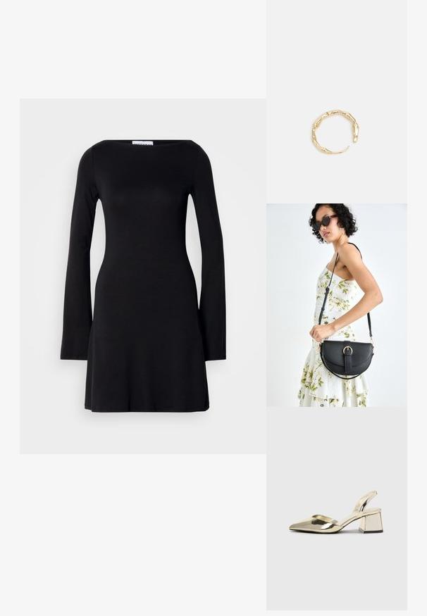 Czarna sukienka z długim rękawem i dekoltem w łódkę, z dopasowaną górą i rozszerzanym dołem. Wykonana z gładkiego, elastycznego materiału.; Złote, metaliczne szpilki z boku z wydłużonym noskiem i grubym obcasem. Gładka faktura, minimalistyczny design i wąski pasek.; Czarna skórzana torebka o zakrzywionym kształcie, z odpinanym paskiem i złotymi akcentami. Torebka posiada klapę z zapięciem w kształcie klamry.; Pierścionek w odcieniu złota z organicznym, skręconym wzorem, o gładkiej fakturze i zwężających się końcach, tworzący nowoczesny, rzeźbiarski wygląd.