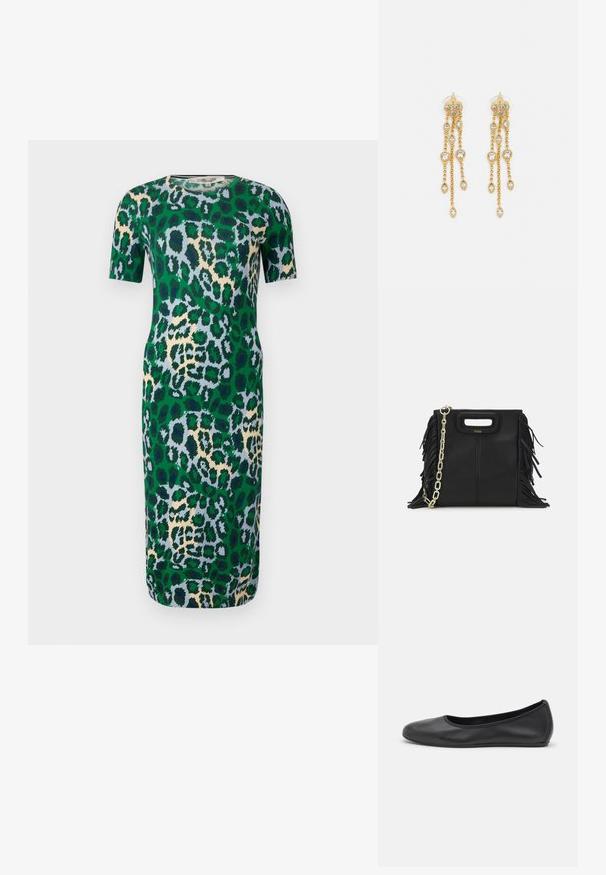 Lühikeste varrukatega roheline kleit, millel on leopardimuster sinistes, beežides ja mustades toonides. Kanga pind näib siledana ja kleit on vormilt hästi istuv.; Musthave mustika tantsutossud mustast nahast, ümmarguse varbaga, siledast tekstuurist, minimaalse õmblusdetailiga ja paindliku tallakujundusega.; Musta nahk käekott, millel on frantsiisid, kuldne ahelsanga ja lõigatud käepide. Esiosas on logot.; Kuldne tooni kõrvarõngad mitme voolava ahelaga, millel on selged ovaalsed rhinestone aktsendid ja dekoratiivsed stud-tippud.
