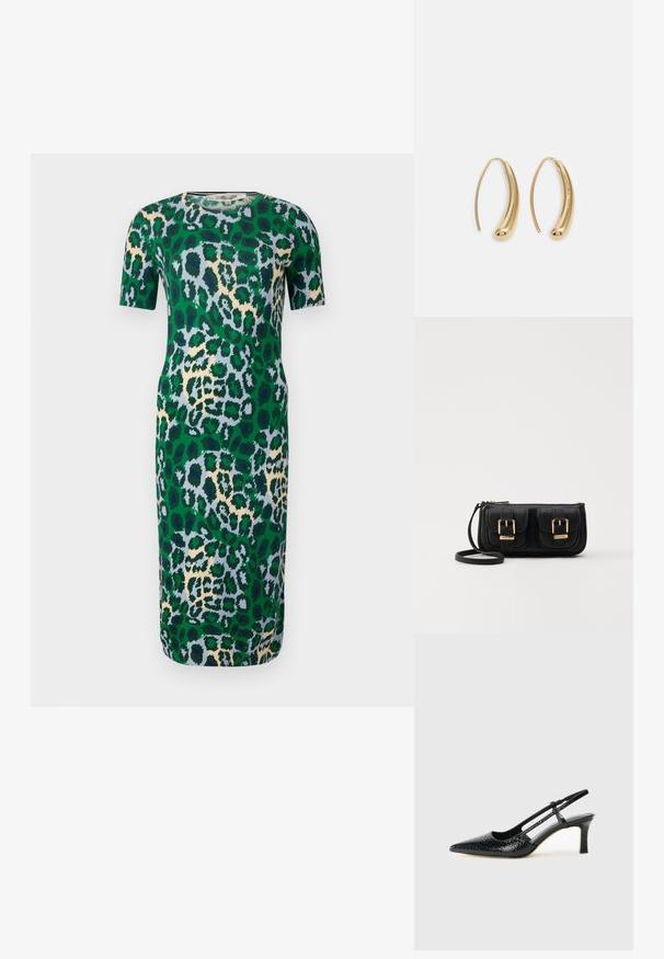 Kortärmad grön klänning med ett leopardmönster i nyanser av blått, beige och svart. Tyget verkar slätt med en figurnära passform.; Svart lackskin slingback-häl med spetsig tå, med texturerad ormskinnsprint, justerbar rem och en kort, texturerad blockklack.; Svart läderaxelväska med två framfickor, guldspännen, dragkedjestängning och en smal rem. Texturerad yta och kompakt rektangulär form.; Guldtonade metallörhängen i en kurvad, avlång form. Har en slät, glänsande yta och en rundad spets för en extra detalj.