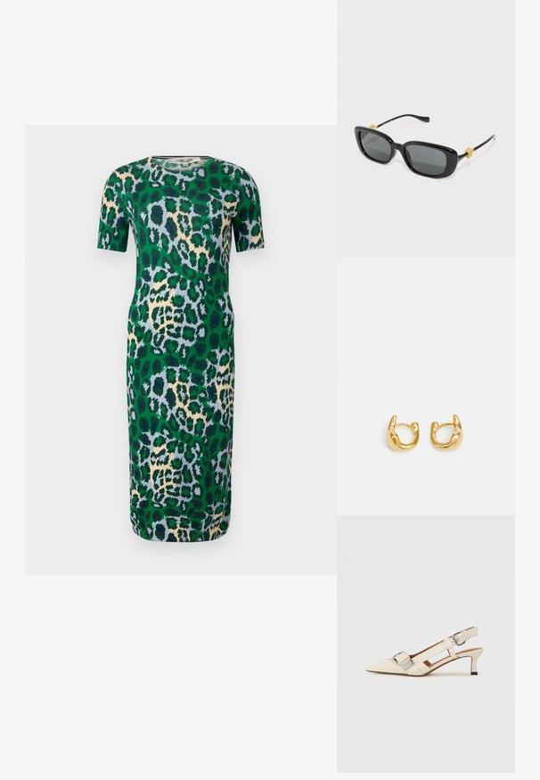 Short-sleeve green dress featuring a leopard print pattern in shades of blue, beige, and black. Fabric appears smooth with a fitted shape.; White leather slingback shoe with a pointed toe, small heel, and adjustable strap featuring a prominent silver buckle detail.; Black rectangular sunglasses with gray lenses and gold lion head accents on the temples. Smooth plastic frame, sleek design.; Gold hoop earrings featuring a smooth, rounded design with a polished finish. The earrings have a compact, chunky shape and a seamless clasp.