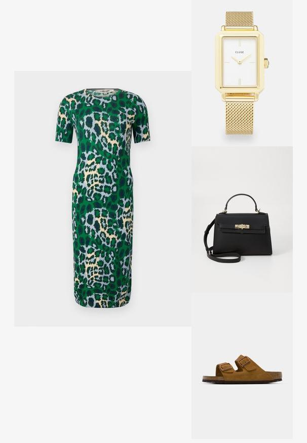 Grünes Kurzarmkleid mit einem Leopardenmuster in Blau-, Beige- und Schwarztönen. Der Stoff wirkt glatt und hat eine taillierte Form.; Braune Wildleder-Sandalen mit zwei verstellbaren Schnallen, Korkfußbett und strukturiertem Gummisohle. Offene Zehenpartie und Schlupfdesign für Komfort.; Schwarze Lederhandtasche mit strukturiertem Design, Obergriff, abnehmbarem Schulterriemen und goldfarbener Hardware. Verfügt über einen vorderen Schnappverschluss.; Goldenes rechteckiges Uhrenarmband mit einem weißen Ziffernblatt, minimalistischen Stundenmarkierungen und einem Metallmeshband. Verfügt über eine seitliche Krone zur Zeiteinstellung.; Goldkette mit kleinen weißen Perlenakzenten, zartem Design und verstellbarer Länge mit einem Karabinerverschluss.