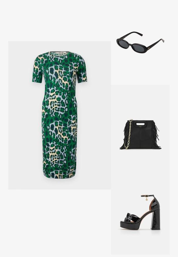 Abito verde a maniche corte con motivo leopardato nelle tonalità di blu, beige e nero. Il tessuto appare morbido con una forma aderente.; Maje Sandali con tacco - noir; Occhiali da sole neri oversize con lenti ovali, montatura in plastica liscia e accenti dorati sulle tempie. Le lenti scure offrono protezione dal sole.; Borsa a tracolla in pelle nera con dettagli a frangia, catena dorata e manico ritagliato. Presenta il logo sulla parte anteriore.