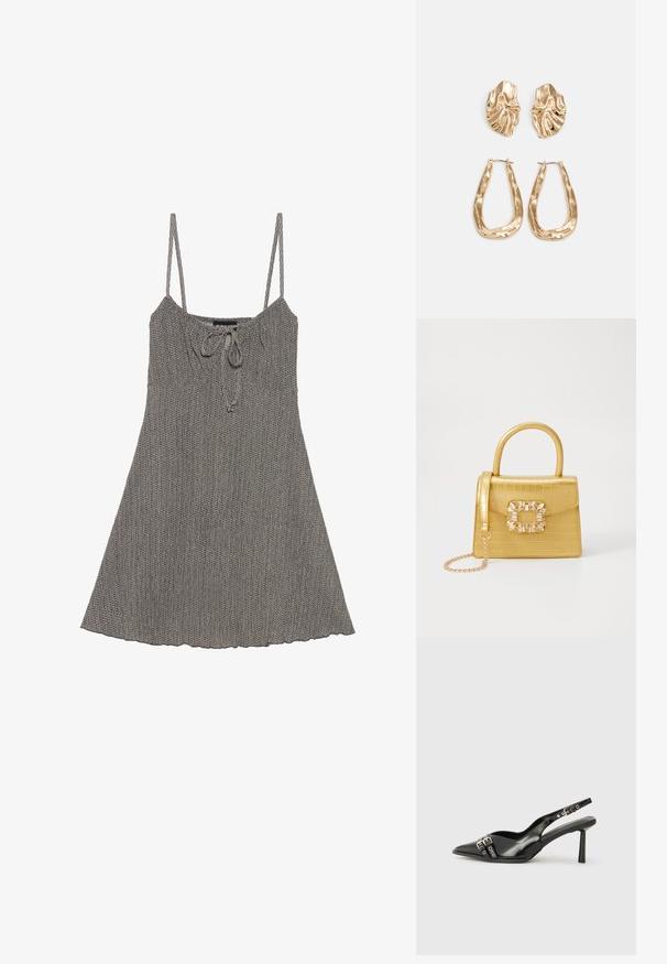 Vestido cinza de malha com alças finas ajustáveis, decote franzido, detalhe de cordão e bainha evasê. Tecido texturizado com um padrão subtil.; Sapato slingback preto em pele patentada com bico apontado, tiras no tornozelo apresentando fivelas e acessórios prateados, e um salto elegante.; Bolsa amarela em pele de crocodilo falsa, com um design estruturado, pega no topo, alça de corrente removível e decoração de cristal no fecho.; Brincos em tom de ouro com formas onduladas e texturizadas. Inclui studs escultóricos com presilha e um design de argola aberta com um acabamento martelado.