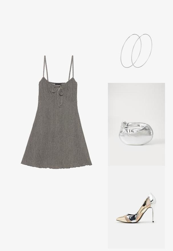 Siva pletena haljina s podesivim tankim naramenicama, nabranym dekolteom, detaljem sa vezicom i širom suknjom. Tekstura tkanine s suptilnim uzorkom.; Cipele s visokom potpeticom i špicastim vrhom u srebrnoj, zlatnoj i nude boji. Sjajan finiš s izrezbarenim dizajnom, s potpeticom u obliku stiletto.; Srebrna metalik torbica s mekim, zaobljenim oblikom i čvorastim zatvaranjem na vrhu. Izrađena od glatke sintetičke kože.; Srebrne okrugle naušnice s minimalističkim dizajnom. Kružni oblik, glatka tekstura i tanak profil. Lagane s poliranim završetkom.