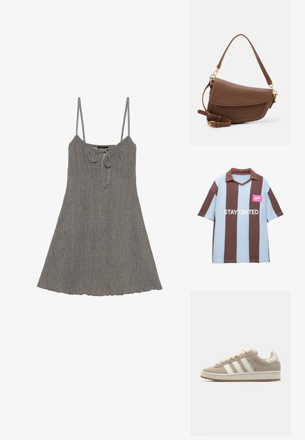 Harmaa neulemekko, jossa on säädettävät spagettiolkaimet, gathered-helma, nyörityskohtaus ja levenevä helma. Raskas kangas, jossa on hienovarainen kuvio.; Kahvi- ja vaaleansiniraidallinen lyhythihainen polo paita, jossa on V-pääntie; sisällyttää vaaleanpunaisen tarran, jossa lukee "STAY UNITED" valkoisella.; Tan suede sneakeri valkoisilla nahkaviiruilla ja nauhoilla, kumipohja, pehmustettu kaulus ja tekstuuriset yksityiskohdat yläosassa.; Ruskea nahkainen olkalaukku, jossa on teksturoitu pinta, kaareva muoto, kultasävyinen metalliosat, säädettävä hihna ja läppäkiinnitys.