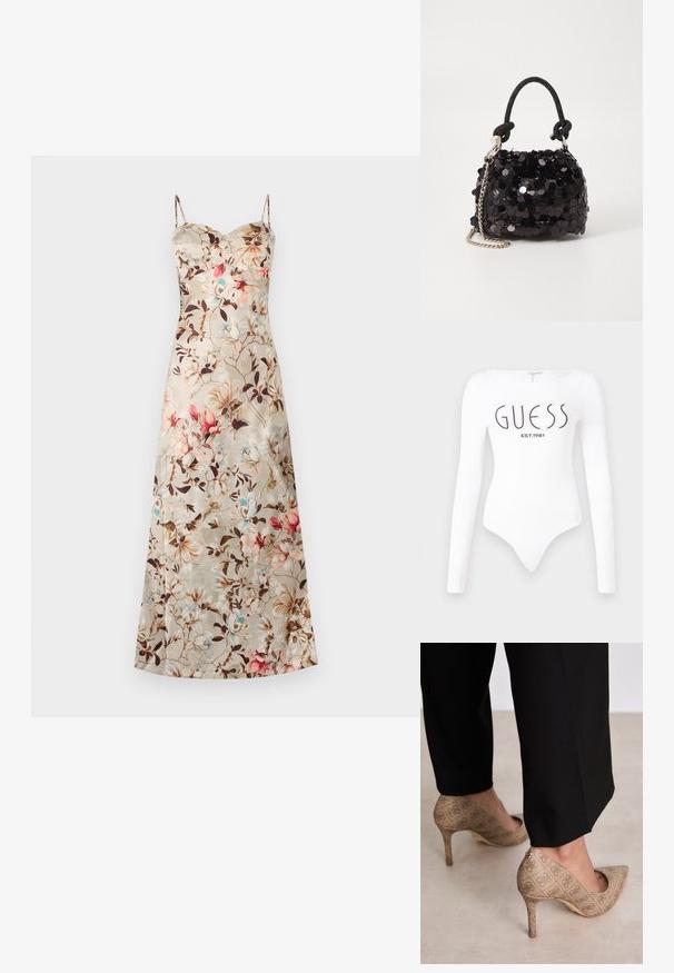 Květinové maxi šaty ze saténové látky. Mají béžové pozadí s růžovými a modrými květy, tenká ramínka a přiléhavý korzet.; Bílý bodysuit s dlouhým rukávem a kulatým výstřihem. Na přední straně má tištěné logo "GUESS" a "EST.1981" v černé barvě. Hladká textura.; Béžové lodičky na vysokém podpatku s texturovanou látkou, která má opakující se vzor. Díky špičaté špičce, zadnímu akcentu a zlatému detailu na podpatku.; Černá mini kabelka s flitry, s uzlovým texturovaným popruhem a stříbrným řetízkem. Zaoblený tvar s nařaseným vrchem a reflexními detaily.