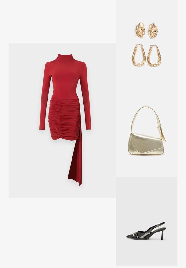 Crvena haljina dugih rukava s visokim ovratnikom, nabranim tijelom i asimetričnom rubom. Izrađena od glatkog materijala, s detaljem bočnog drapiranja.; Crna lakirana slingback cipela s izduženim vrhom, remenčićima oko gležnja s srebrnim kopčama i dijelovima, te vitkim potplatom.; Zlatna metalna torba s uređenim dizajnom, glatkom teksturom i podesivim remenom. Ima jedinstven trokutasti oblik i minimalističko šivanje.; Naušnice zlatne boje s teksturiranim, valovitim oblicima. Uključuju skulpturalne kopče i dizajn otvorene kružnice s kovanom završnom obradom.