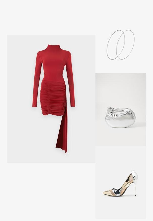 Červené dlhé šaty s dlhým rukávom a vysokým golierom, zúženým telom a asymetrickým lemom. Vyrobené z hladkej látky s bočným drapovaním.; Lodičky s špičatou špičkou v striebornom, zlatom a telovom farebnom prevedení. Lesklý povrch s výrezovým dizajnom, s ihlovým opätkom.; Strieborná metalická taška s mäkkým, zaobleným tvarom a uzáverom s uzlíkom. Vyrobená z hladkej syntetickej kože.; Strieborné kruhové náušnice s minimalistickým dizajnom. Cirkulárny tvar, hladký povrch a tenký profil. Ľahké s lesklým povrchom.