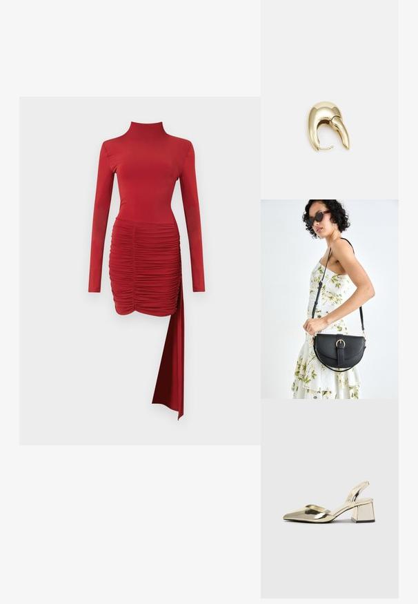 Robe longue rouge à manches longues avec un col montant, un corps froncé et un ourlet asymétrique. Fabriquée en tissu lisse, elle présente un détail de drapé sur le côté.; Talons aiguilles dorés métalliques avec un bout pointu et un talon épais. Texture lisse, design minimaliste et une fine bride.; Sac à main en cuir noir avec une forme courbée, bandoulière amovible et des accessoires en or. Le sac est doté d'un rabat avec un détail de boucle.; Boucle d'oreille en métal doré avec un design élégant et courbé. Présente une forme conique distinctive, une surface polie et une fermeture à charnière.