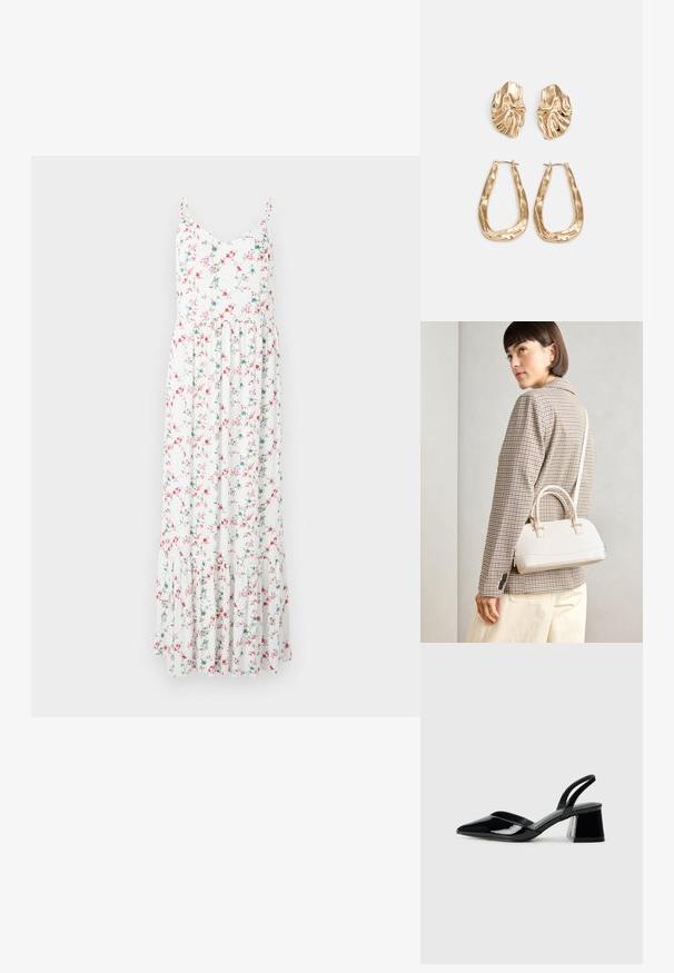 Ziedu maxi kleita ar plānām siksnām, balts audums ar rozā un ziliem ziediem, un pakāpeniski viļņots apakšmalu. Viegls kokvilnas materiāls.; Melna lakota āda ar atvērto papēdi, ar smailu purngalu un ģeometrisku blokpapēdi. Iezīmējas elegants, minimāls dizains un gluda tekstūra.; Balta strukturēta roku soma ar īsām rokturiem un plecu siksnu, ar zelta aparatūras akcentiem un strukturētu materiālu, izstādīta uz pelēka fona.; Zelta krāsas auskari ar teksturētām, viļņotām formām. Iekļauts skulpturāls piespraužams modelis un atvērta gredzenveida konstrukcija ar izsistām virsmām.