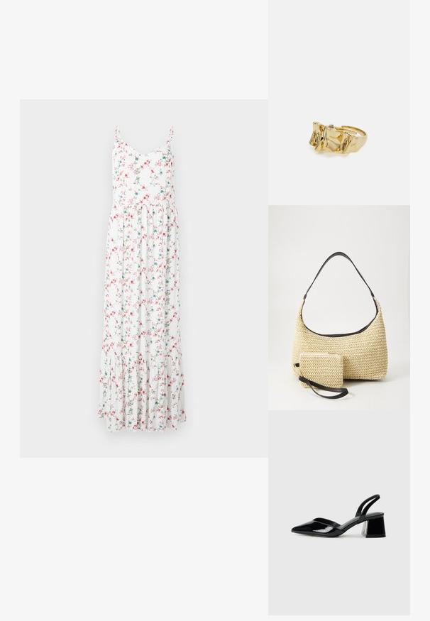 Kvetinové maxi šaty s tenkými ramienkami, bielej farby s ružovými a modrými kvetmi a volánovým riasením na spodnom okraji. Ľahký bavlnený materiál.; Čierne lakované kožené sandálové podpätky s špicatou špičkou a geometrickým blokovým podpätkom. Disponujú elegantným, minimalistickým dizajnom a hladkým povrchom.; Tkaná slamenná kabelka s prehnutým siluetom, vybavená hladkým čiernym koženým popruhom a zodpovedajúcou malou taštičkou pripevnenou pomocou zápästného popruhu.; Zlatý prsteň s textúrovaným, vlnitým dizajnom, ktorý má tri výrazné vrcholy. Hladký, lesklý povrch a otvorený pásik pre nastaviteľné prispôsobenie.