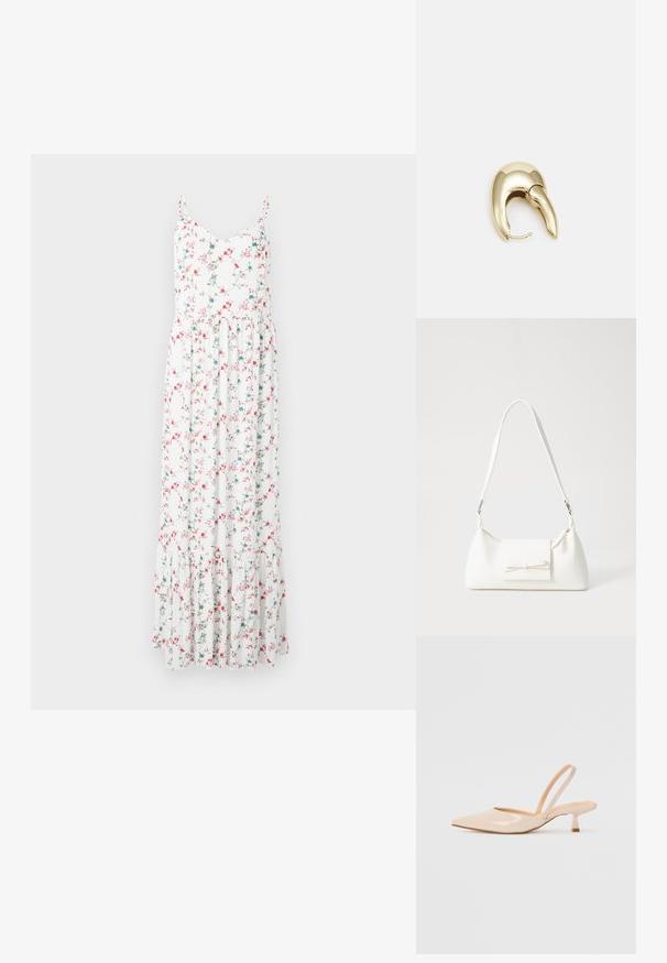 Kvetinové maxi šaty s tenkými ramienkami, bielej farby s ružovými a modrými kvetmi a volánovým riasením na spodnom okraji. Ľahký bavlnený materiál.; Bežové lakované sandále na podpätku so špicatou špičkou a štíhlym, štvorcovým podpätkom. Hladká textúra a minimalistický dizajn bez ozdôb.; Biela syntetická kabelka s trojuholníkovým tvarom, plochým predným klapkou a detailom mašle, nastaviteľným popruhom, hladkou textúrou a minimalistickým dizajnom.; Náušnice z kovu v zlatej farbe s elegantným, zakriveným dizajnom. Majú charakteristický špicatý tvar, leštený povrch a uzáver na pánt.
