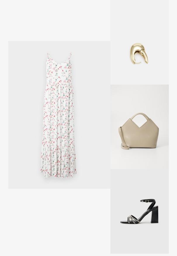 Gėlių maksi suknelė su plonomis petnešėlėmis, balta medžiaga, puošta rožinėmis ir mėlynomis gėlėmis, su sluoksniuotu raukšlėtu apdaru. Lengvas medvilnės audinys.; Juodos aukštakulnės sandalai su bloku, turintys dirželį su metaliniais akcentais ir trijomis kryžminėmis juostelėmis ant pirštų.; Šviesiai ruda struktūruota rankinė su V formos viršumi, lygaus odos paviršiaus, trumpomis rankenomis ir ilgu reguliuojamu dirželiu. Minimalistinis dizainas.; Aukso tono metalinės auskarai su stilingu, kreiviu dizainu. Išsiskiria ryškiu smailiu pavidalu, poliruota paviršiumi ir užsegimu su vyriu.