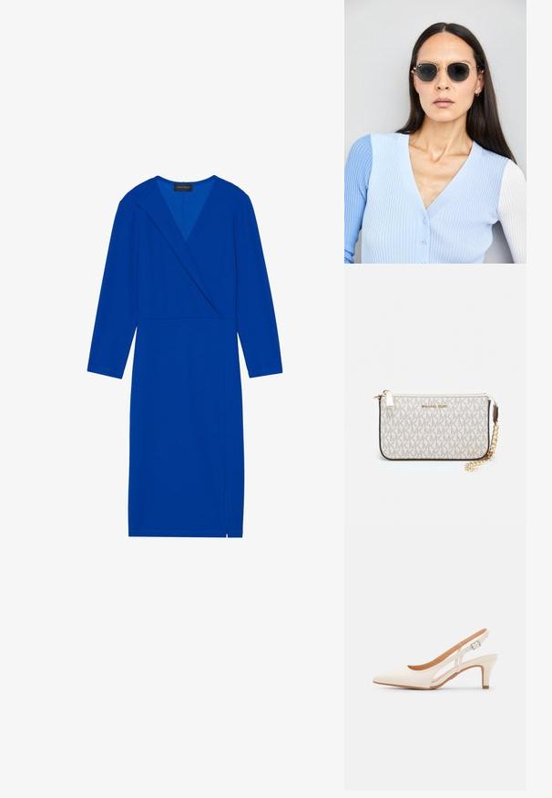 Mėlyna ilgomis rankovėmis suknelė su apvyniojimo dizainu, turi V formos iškirpę ir šoninį įpjovimą. Pagaminta iš lygaus audinio su tvirtu paviršiumi.; Balti slingback kulniukai su smailiu pirštu, lygia viršutine medžiaga, žemu blokuotu kulnu ir šoniniu išpjovimu su reguliuojamu sagtimi.; Apskriti saulės akiniai su tamsiais objektyvais ir auksiniais rėmeliais. Modelis vilki šviesiai mėlyną, raukinį kardiganą su mygtukais ir kontrastingomis baltomis rankovėmis.; Michael Kors rankinė smėlio spalvos dengto kanvoje su pakartotiniu MK logotipo raštu, auksinėmis detalėmis ir nuimamu grandininiu dirželiu.