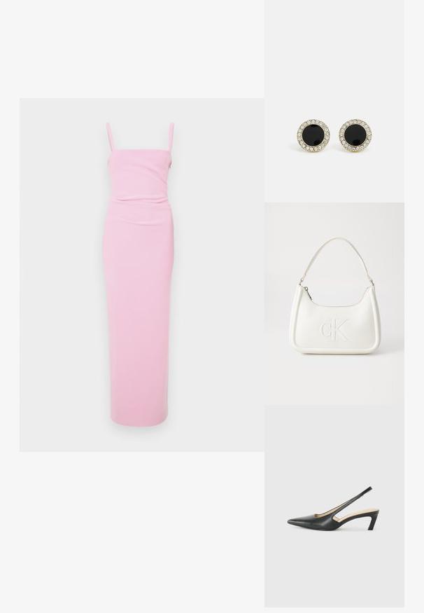Růžové, přiléhavé maxi šaty na tenké ramínka s nařaseným designem v oblasti pasu. Hladká textura, minimalistický styl, žádné viditelné vzory.; Černý špičatý slingback s nízkým podpatkem, vyrobený z hladké kůže, s výřezem na boku pro lepší prodyšnost.; Bílá kožená kabelka s křivkovým tvarem, na přední straně s vyraženým logem "CK" a jediným ramenním popruhem. Zipový uzávěr na vrchu.; DKNY INLAY STUD - Náušnice - black/gold-coloured