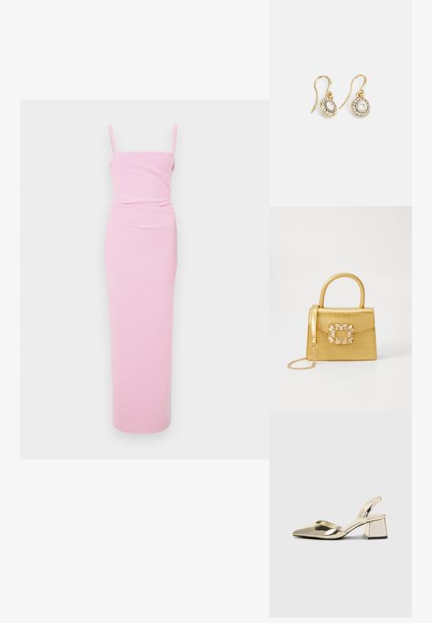 Roza, priljubljena maxi haljina s tankimi naramnicama, s nabranim dizajnom na struku. Glatka tekstura, minimalistički stil, bez vidljivih uzoraka.; Zlatni metalik slingback sandali s šiljatim vrhom i debelim potpeticama. Glatka tekstura, minimalistički dizajn i uski remen.; Žuta torbica od umjetnog krokodila sa strukturiranim dizajnom, gornjom ručkom, odvojivim lančićem i dekorativnim kristalnim ukrasom na kopči.; Zlatne naušnice s ovalnim prozirnim kristalima okruženim manjim prozirnim kamenčićima, s dizajnom na kuku za sigurno nošenje.