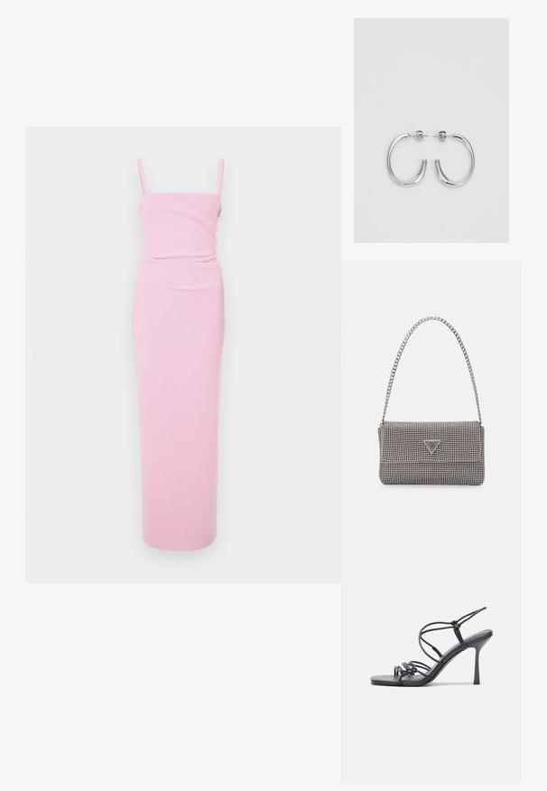 Rožinė, prilipusi maxi suknelė su špagetėmis, su susikaupusiu dizainu juosmens srityje. Lygus paviršius, minimalistinis stilius, be matomų raštų.; Juodos aukštakulnės sandalai pasižymi plonyčiais dirželiais su mazgo dizainu, lygiu kvadratiniu pirštu ir elegantišku stiletto kulnu.; Šviesiai pilka metalinė rankinė su grandinėlės dirželiu, papuošta mažais apvaliais metaliniais smeigėmis ir trikampiu prekės ženklu.; Sidabrinės auskarai žiedai su lygiu, blizgiu paviršiumi. Suapvalinta forma, lengvas dizainas, su uždarymu ant smeigtuko.