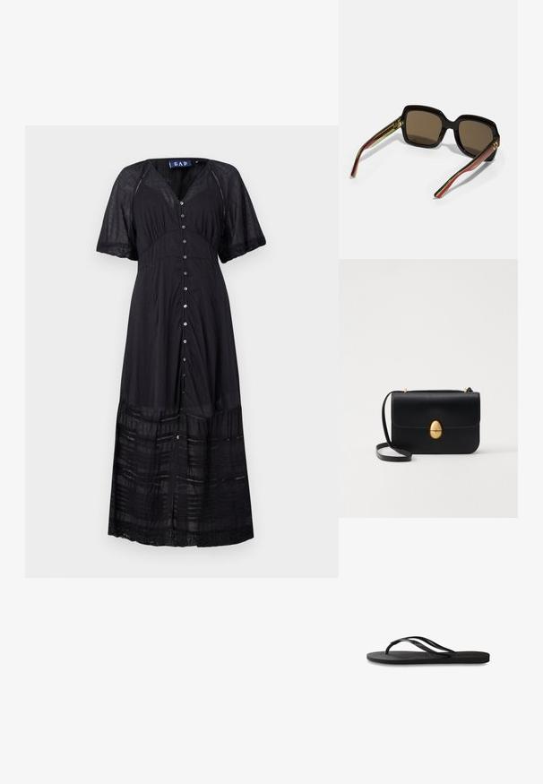 Robe maxi noire à manches courtes, à boutons sur le devant et aux tiers texturés. Fabriquée en tissu léger avec des accents en dentelle au niveau de l'ourlet.; Tongs noires avec une semelle en caoutchouc texturée, deux fines lanières et un détail de logo embossé subtil sur la lanière.; Lunettes de soleil surdimensionnées noires avec verres marron. Présentent des branches uniques à rayures vertes et rouges, ainsi que des accents en métal doré. Forme carrée.; Sac à main en cuir noir avec une forme rectangulaire structurée. Équipé d'un fermoir ovale doré et d'une fine bandoulière. Texture lisse.