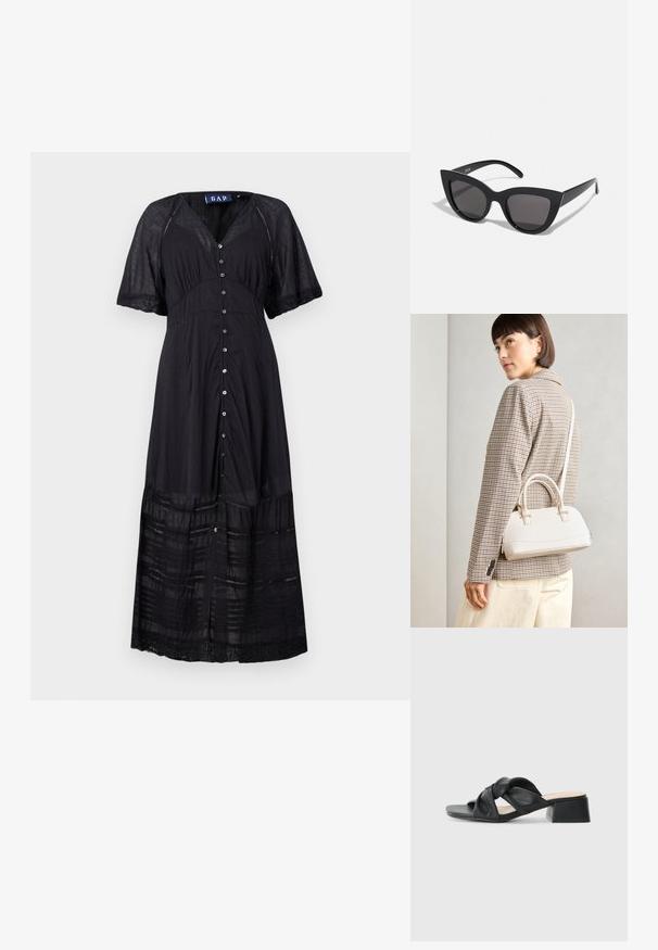 Robe maxi noire à manches courtes, à boutons sur le devant et aux tiers texturés. Fabriquée en tissu léger avec des accents en dentelle au niveau de l'ourlet.; Sandale en cuir noir avec un design supérieur tordu, bout carré et un petit talon carré, présentant une texture lisse et un style minimaliste.; Lunettes de soleil noires en forme d'œil de chat avec une finition mate, dotées de verres teintés gris, d'angles aigus et de branches élégantes. Nom de la marque visible sur la branche intérieure.; Sac à main structuré blanc avec de courtes poignées et une bandoulière, doté de accents en métal doré et d'un matériau texturé, présenté sur un fond gris.