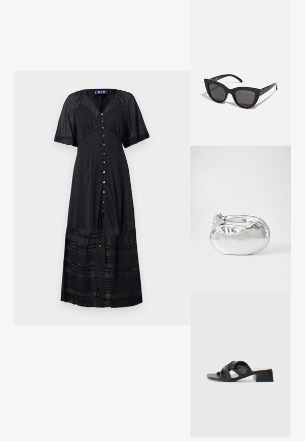 Juoda maxi suknelė su trumpomis rankovėmis, mygtukų užsegimu priekyje ir tekstūruotomis pakopomis. Pagaminta iš lengvos medžiagos su nėriniuotais akcentais apačioje.; Juodų odinių sandalų su sukryžiuotu viršumi dizainu, kvadratine nosimi ir žemu blokiniu kulnu, pasižyminčių lygiu paviršiumi ir minimalistiniu stiliumi.; Juodos katės akies akinių nuo saulės su matinio paviršiaus danga, turinčiais pilkai tonuotus lęšius, aštriomis linijomis ir elegantiškomis šoninėmis kojelėmis. Prekės ženklas matomas vidinėje kojelėje.; Sidabrinė metalinė maišelio forma su švelnia, apvalia forma ir mazgu užveriamu viršumi. Pagaminta iš lygios dirbtinės odos medžiagos.