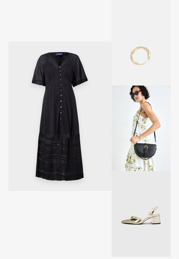 Črna maksi obleka s kratkimi rokavi, gumbi spredaj in teksturiranimi plastmi. Narejena iz lahkotnega materiala z čipkastimi detajli na robu.; Zlati, kovinski slingback čeveljci z ostrim nosom in masivnim peto. Gladka tekstura, minimalistična zasnova in ozka zanka.; Črna usnjena torbica s ukrivljeno obliko, z odstranljivo naramnico in zlatimi dodatki. Torbica ima pokrov s podrobnostmi v obliki zaponke.; Zlati prstan s organskim, zvitim dizajnom, gladko površino in taperiranimi konci, ki ustvarja modernega, skulpturalnega videza.