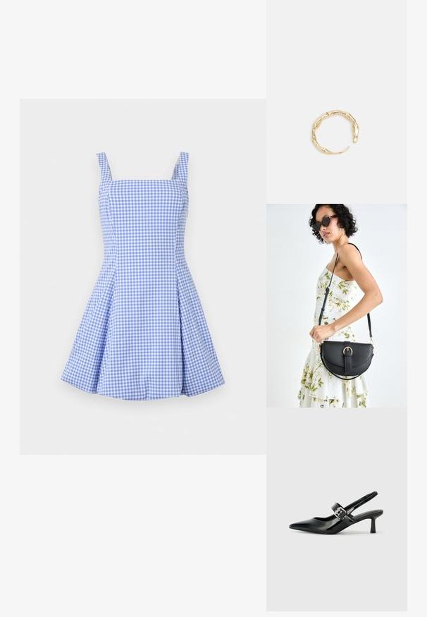 Blue and white gingham dress with a square neckline, thin straps, and pleated skirt. Made of lightweight fabric, featuring a fitted bodice.; Black patent leather slingback heels with a pointed toe and a small block heel, featuring a silver buckle accent on the strap.; Black leather handbag with a curved shape, detachable strap, and gold hardware. The bag features a flap with a buckle detail.; Gold-tone ring featuring an organic, twisted design with smooth texture and tapered ends, creating a modern, sculptural appearance.