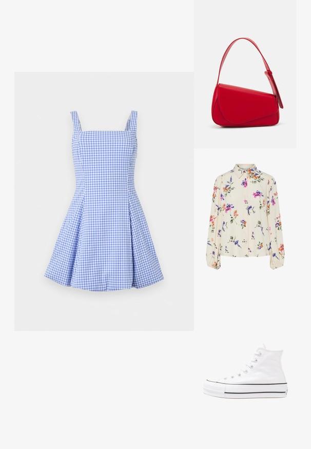 Zilzas un baltas ģimenes kleita ar kvadrātveida dekoltē, plānām siksnām un krokotu svārku. Izgatavota no viegla auduma, ar pieguļošu bodicy.; Ziedu blūze ar garām pūkām, gaiši krēmveida pamatne, ar purpursarkanām, oranžām un zaļām ziedu rakstiem, kā arī klasisko apkakles dizainu.; Balti augstie kanvas sporta apavi ar melnu gumijas zoli, priekšējo gumijas purngalu un sešām acīm lencēm, kuriem ir tīrs, minimālistisks dizains.; Sarkans ādas rokassomi ar stūrainu, ģeometrisku dizainu. Iekļauj vienu regulējamu siksnu un vāku ar izšūtu detaļu.