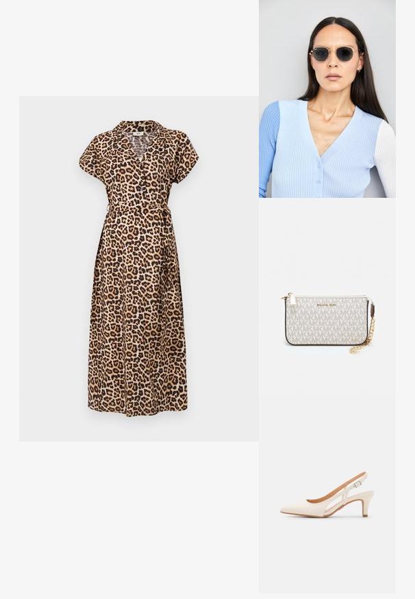Abito maxi con stampa leopardata, colletto, maniche corte e vita con cintura. Il tessuto ha una texture liscia e morbida.; Slingback bianco con punta affusolata, materiale superiore liscio, tacco basso a blocco e design con ritagli laterali, dotato di cinturino regolabile con fibbia.; Occhiali da sole rotondi con lenti scure e montatura dorata. Il modello indossa un cardigan leggero azzurro a costine con bottoni e maniche bianche a contrasto.; Wristlet Michael Kors in tela rivestita beige con motivo a logo MK ripetuto, hardware dorato e tracolla a catena staccabile.