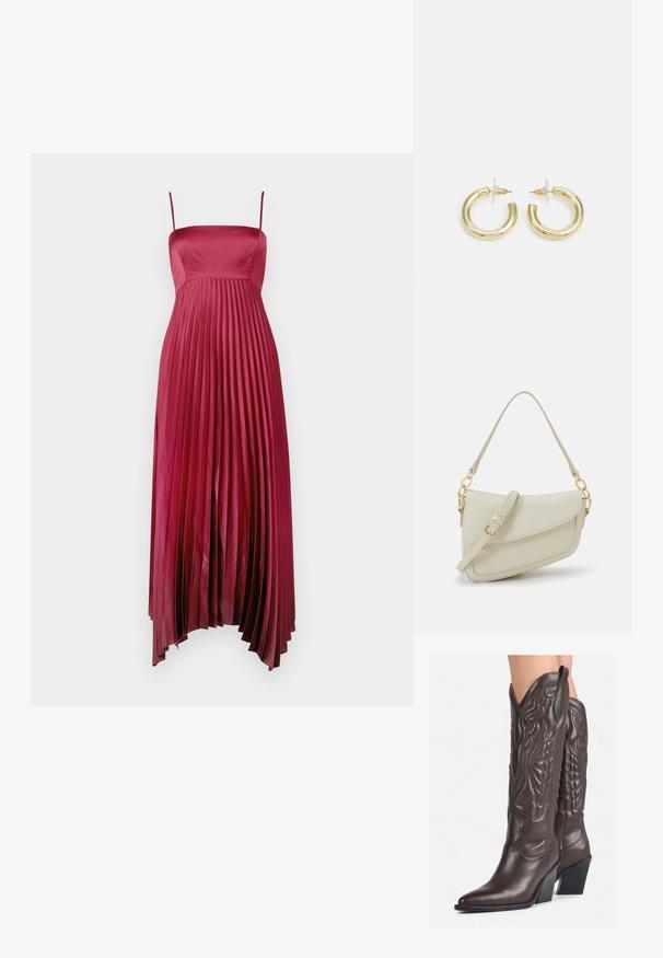 Plise maxi kleita dziļi bordo satīnā ar plānām spilgtiem siksniņām, ar pieguļošu augšdaļu un plūstošu svārku ar gludu struktūru.; Brūni ādas kovboju zābaki ar norādītu purngalu un blokveida papēdi, ar detalizētu šūšanu un paceltiem akcentiem uz kājas daļas.; Maza krēmkrāsas rokas soma ar teksturētu apdari, garu regulējamu siksniņu, ķēdes akcentu un vāciņa aizdari. Zelta aparatūras detaļas.; Zelta auskari ar gludu, spīdīgu apdari. Apaļš dizains, kas ietver mazu tapu un caurspīdīgu pamatni drošai valkāšanai.