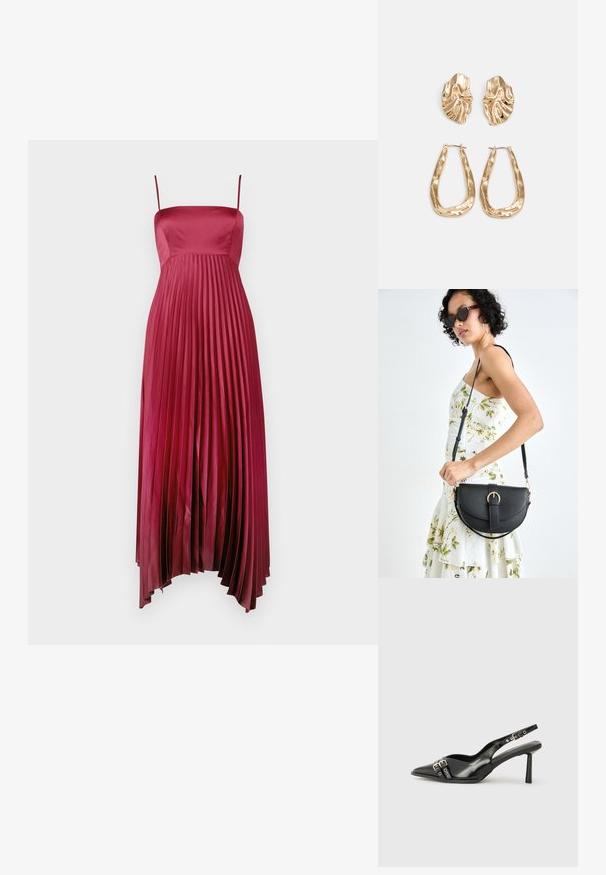 Plisserte maxikjole i dyp burgunder sateng med tynne spaghetti-stropper, som har en tettsittende bodice og en flytende skjørt med en jevn tekstur.; Sorte patentlær slingback-sko med spiss tå, ankelremmer med sølvspenner og detaljer, og en slank hæl.; Svart lærveske med en buet form, avtagbar stropp og gullbeslag. Vesken har et klaff med spenne-detall.; Gullfargede øredobber med teksturerte, bølgete former. Inkluderer skulpturelle klipsstuds og åpen hoop-design med en hamret finish.