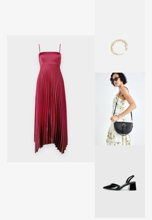 Plissiertes Maxikleid aus tiefburgunder Satin mit dünnen Spaghetti-Trägern, ausgestattet mit einem taillierten Oberteil und einem fließenden Rock mit einer glatten Textur.; Schwarze Lackleder-Slingback-High Heels mit spitzem Schuh und einem geometrischen Blockabsatz. Verfügt über ein schlankes, minimalistisches Design und eine glatte Textur.; Schwarze Lederhandtasche mit geschwungener Form, abnehmbarem Tragegurt und goldenen Beschlägen. Die Tasche verfügt über einen Deckel mit einer Schnallen-Details.; Goldfarbener Ring mit einem organischen, gedrehten Design, glatter Oberfläche und sich verjüngenden Enden, was ein modernes, skulpturales Erscheinungsbild erzeugt.