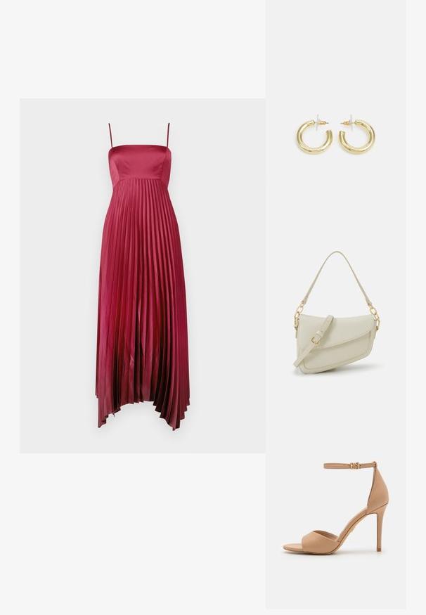 Maxi šaty s plisovaním v tmavo vínovej saténovej farbe, s tenkými ramienkami, ktoré majú priliehavú corsetovú časť a splývavú sukňu s hladkou textúrou.; ALDO CRERIDE PILLOW WALK - Sandále - beige; Malá krémová kabelka s textúrovaným povrchom, dlhým nastaviteľným popruhom, reťazovým detailom a klopovým uzáverom. Zlaté kovové prvky.; Zlaté kruhové náušnice s hladkým, lesklým povrchom. Cirkulárny dizajn s malým steblom a jasným záznamom pre bezpečné nosenie.