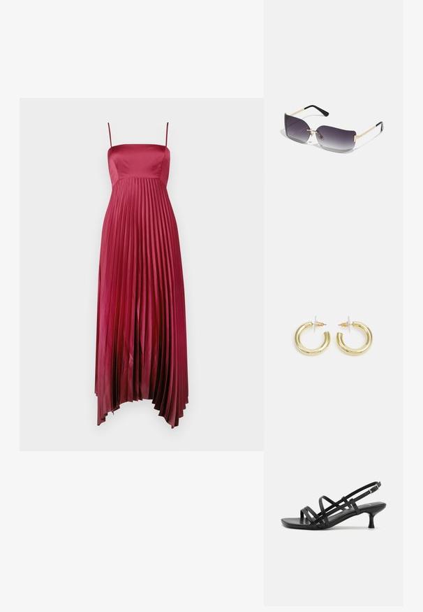Plisovaná maxi šaty v hluboké burgundské saténové barvě s tenkými ramínky, s přiléhavým živůtkem a splývavou sukní s hladkým povrchem.; Černé sandály na podpatku s několika křížovými pásky. Hladký materiál, špičatá špička a úzký podpatek. Nastavitelný pásek kolem kotníku s přezkou.; Sluneční brýle s šedým gradientním sklem, zlatým kovovým rámem a černými plastovými akcenty. Unikátní čočky ve tvaru motýla s tenkými nožičkami.; Zlaté kruhové náušnice s hladkým, lesklým povrchem. Kruhový design s malým kolíčkem a průhledným záznamem pro bezpečné nošení.