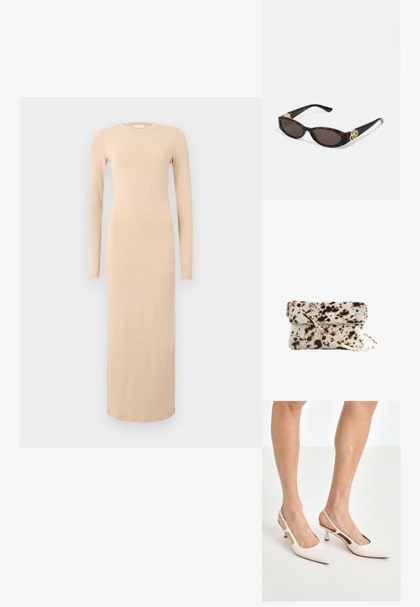 Rochie cu mâneci lungi, ajustată, dintr-un material bej moale. Prezintă un decolteu rotund și ajunge până la glezne, oferind un design simplu și minimalist.; Cizme slingback din piele vopsită bej, cu vârf ascuțit și toc de 5 cm, având laterale decupate și o curea subțire la gleznă.; Ochelari de soare din țiglă cu lentile ovale alungite, nuanță maro, accente cu logo auriu pe brațele laterale și brațe negre elegante.; Geantă din piele de vacă cu o bază crem și pete maro închise, de formă rectangulară, cu capac pliabil și curea de umăr detașabilă.; Colier din perle și cristale cu un design rotund, mărgele în nuanțe deschise, având perle alternative și accente strălucitoare, purtat în jurul gâtului.