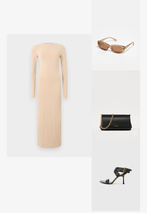 Garš sleeves, pieguļošs kleitas modelis no mīksta beige auduma. Iezīmējas ar noapaļotu kakla izgriezumu un sasniedz potītes, piedāvājot gludu, minimālistisku dizainu.; Melna augsta papēža sāndele ar krustotiem siksniņām un regulējamu sprādzi. Iespēlēts gluds tekstūra un pakāpenisks stiletto papēdis.; Brūni tonēti saules brilles ar taisnstūra formu, caurspīdīga brūna plastmasas rāmis un diskreta logo detalizācija malās.; Melns ādas apliecības soma ar zelta ķēdes siksnu, ar gludu tekstūru, taisnstūra formu un izspiestu zīmolu uz priekšpuses.; Melns ādas apliecības soma ar zelta ķēdes siksnu, ar gludu tekstūru, taisnstūra formu un izspiestu zīmolu uz priekšpuses.