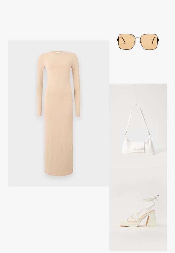 Dlouhý rukáv, přiléhavé šaty z jemné béžové tkaniny. Mají kulatý výstřih a sahají až po kotníky, nabízejí hladký, minimalistický design.; Bílé sandály na vysokém podpatku s robustním podpatkem, s designem s pásky a zavazováním kolem kotníku. Hladký povrch s platformou vpředu pro zvýšení výšky.; Čtvercové sluneční brýle s hnědými skly a tenkým černým kovovým rámem. Mají šikmé stranice a nastavitelná nosní polštářky pro pohodlí.; Bílá syntetická kabelka v trojúhelníkovém tvaru, s plochým předním klopným víkem a detailem mašle, nastavitelným popruhem, hladkým povrchem a minimalistickým designem.