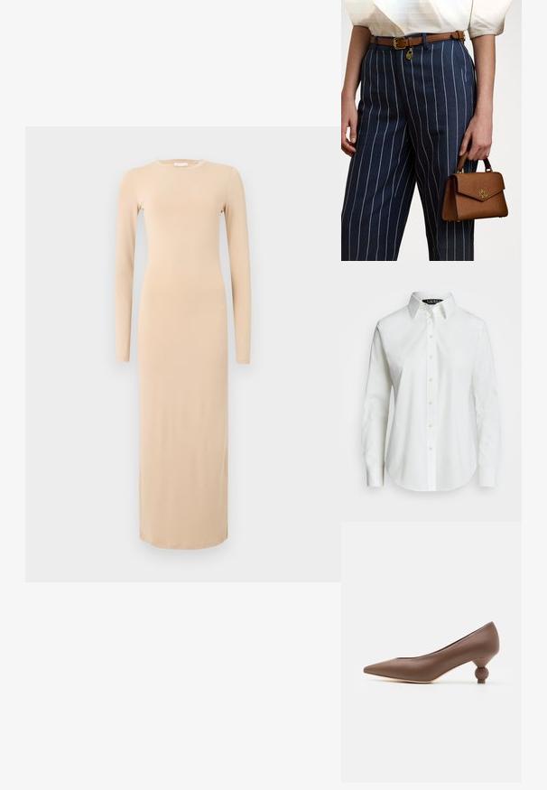 Long-sleeved, form-fitting dress in soft beige fabric. Features a rounded neckline and reaches the ankles, offering a smooth, minimalist design.; White long-sleeve button-up shirt made of cotton. Features a classic collar, seven buttons, and a subtle logo embroidered on the chest.; Brown leather pointed-toe pump with a unique rounded ball heel. Smooth texture, sleek design, and minimalistic detailing.; Brown textured handbag with gold hardware, held beside navy striped pants featuring white vertical lines. Simple, structured design.