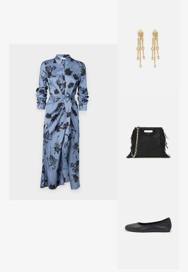 Cinq à Sept COOL CARNATION JACEY DRESS - Dnevna obleka - rustic blue; Črne usnjene balerinke z zaobljenim nosom, gladko teksturo, minimalnimi šivi in fleksibilno zasnovo podplata.; Črna usnjena ročna torba z detajli fringa, zlatim verigo za rame in izrezanim ročajem. Na sprednji strani je nameščen logotip.; Zlato-tonirane uhane z več kaskadnimi verigami, ki vključujejo prozorne ovalne kamenčke in okrasne zgornje dele.