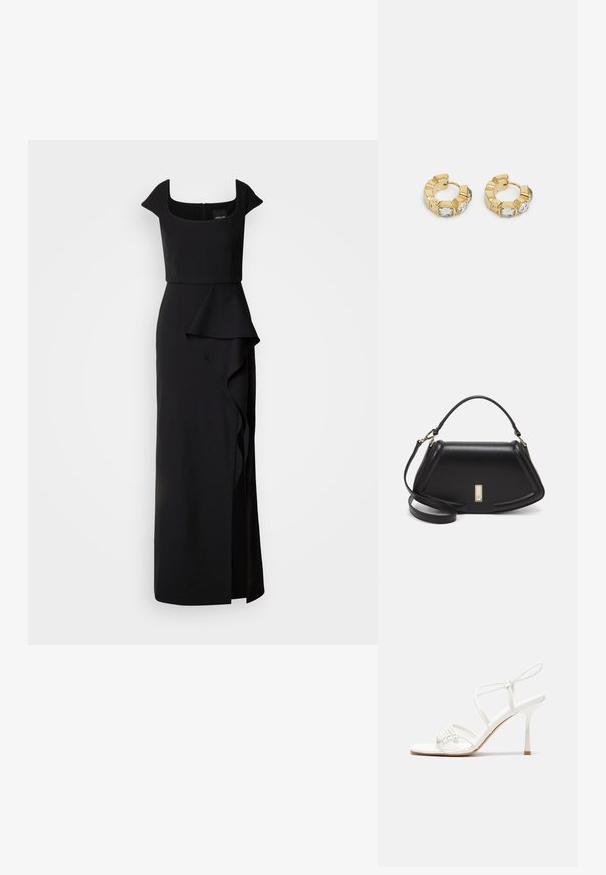 Robe de soirée noire avec un décolleté carré, des manches courtes et un détail de volants en cascade sur la jupe. Fabriquée en tissu lisse et structuré.; Sandale à talons hauts blanche avec une base de orteil plate, devant texturé avec des accents froncés et une fine bride à la cheville.; Sac à main en cuir noir avec un design structuré, featuring une forme cropped, une poignée supérieure et des accents en matériel doré. Bandoulière réglable incluse.; Boucles d'oreilles créoles en or avec un design texturé et trois accents de cristal clair d'un côté, offrant une esthétique géométrique moderne.