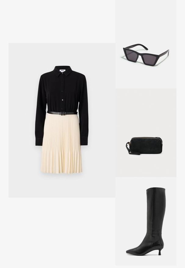Fekete gombos felső hosszú ujjakkal, melyet egy plisszírozott krém szoknyával párosítanak. A derékon vékony fekete öv található. Sima textúrájú anyag.; Zign Csizmák - black; Fekete, szögletes napszemüveg szürke lencsékkel; műanyagból készült, vastag karokkal, sima felülettel és látható hardver nélkül.; Fekete velúr kisestély tasak cipzárral és levehető csuklópánttal. Aranyszínű hardware-rel és sima, matt textúrával rendelkezik.