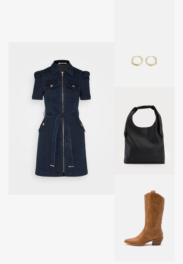 Marineblauwe denim jurk met korte pofmouwen, rits aan de voorkant, twee borstzakken, tailleband en accenten in goudkleurige knopen.; Tan leren cowboylaars met puntige neus, geborduurde spiraalpatronen op de schacht en een gestapelde blokhak. Voorzien van een trekband voor gemakkelijke aan- en uittrekken.; Zwarte lederen handtas met een grote open bovenkant en een enkele schouderriem. Zachte textuur, minimalistisch ontwerp, met subtiele metalen accenten.; Gouden creolen met een textuur en onregelmatige vorm. Voorzien van een naadloze sluiting en een gepolijste afwerking, wat het moderne ontwerp benadrukt.