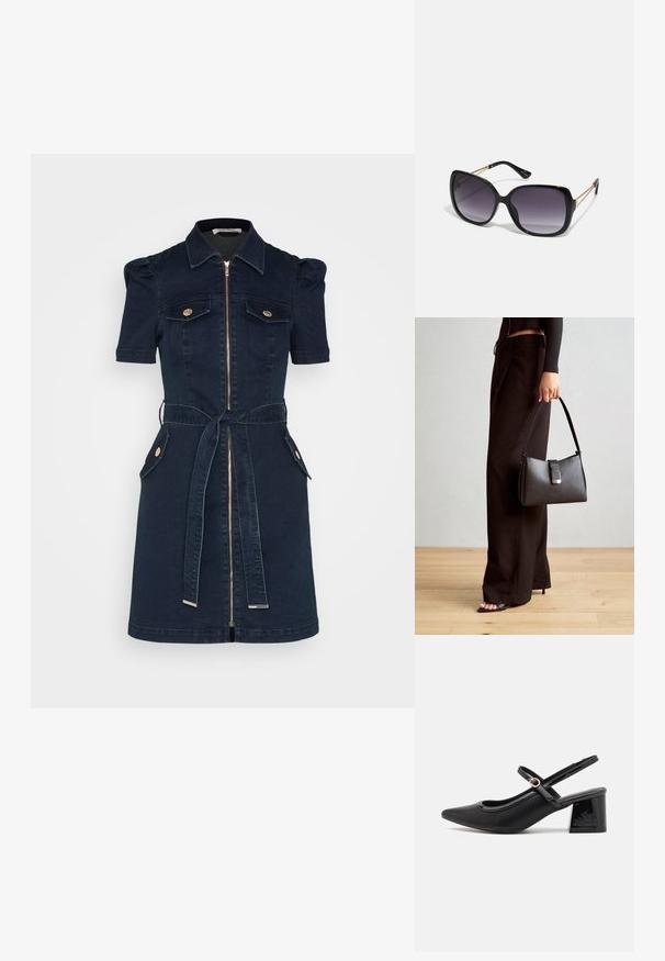 Robe en denim marine avec de courtes manches bouffantes, fermeture éclaire sur le devant, deux poches poitrine, ceinture à nouer à la taille et accents de boutons dorés.; Escarpins slingback en cuir verni noir avec un embout pointu, un design à découpes arrondies et un talon carré. Présente un accent de boucle en ton doré.; Lunettes de soleil noires surdimensionnées avec des verres dégradés, monture épaisse et détails en chaîne dorée sur les branches.; Sac à main noir à la forme structurée, texture lisse et fermoir métallique. Associé à un pantalon noir ample et des sandales ouvertes sur un sol en bois.
