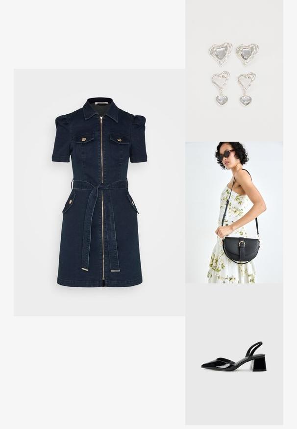 Marineblå denimkjole med korte puffærmer, lynlås foran, to brystlommer, taljebælte og guldfarvede knapdetaljer.; Sorte patentlæder slingback hæle med spids tå og en geometrisk blok hæl. Har et elegant, minimalistisk design og en glat tekstur.; Sort læderhåndtaske med en buet form, aftagelig rem og guldfinish. Tasken har en klap med en spænde detalje.; Sølvøreringe i hjerteform har facetterede klare sten med en struktureret ramme. Sættet inkluderer både studs og hængende stilarter.