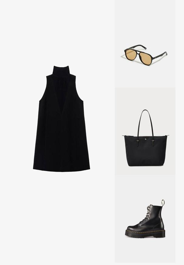 Černé bezramínkové šaty s vysokým límcem, hlubokým V-výstřihem a hladkou texturou. Minimalistický design s volným střihem.; Černé kožené kotníkové boty na šněrování s mohutnou černou podrážkou a žlutým prošíváním. Mají poutko na zadní straně a kulaté kovové očko.; Černé sluneční brýle s hnědými tónovanými čočkami; obdélníkový tvar s tlustým rámem, včetně jemných kovových akcentů na stranách.; Černá kabelka přes rameno vyrobená z texturované látky, s dvojitými koženými uchy, zlatými kovovými prvky a zipovým uzávěrem.