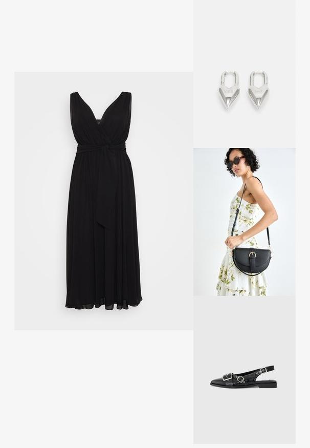 Vestido maxi preto, sem mangas, com um decote em V profundo, cintura gathered e um cinto atado. Feito de um tecido fluido com uma textura suave.; Sapato slingback preto em couro com bico pontiagudo, duas fivelas prateadas e um salto baixo em bloco. Apresenta um cabedal texturizado e parte de trás aberta.; Bolsa de couro preta com forma curva, alça destacável e detalhes em dourado. A bolsa possui uma aba com detalhe de fivela.; Cadeados em forma de coração prateados com inscrições gravadas "SIM" e "NÃO", acabamento polido, design simétrico e um fecho de metal robusto.